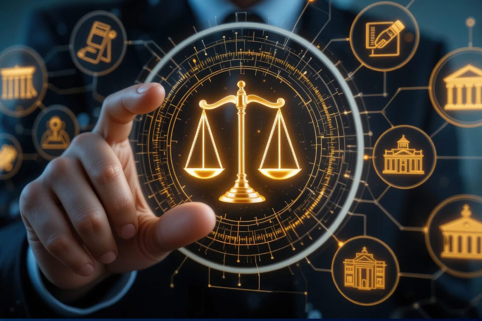 Scales of justice in digital interface.