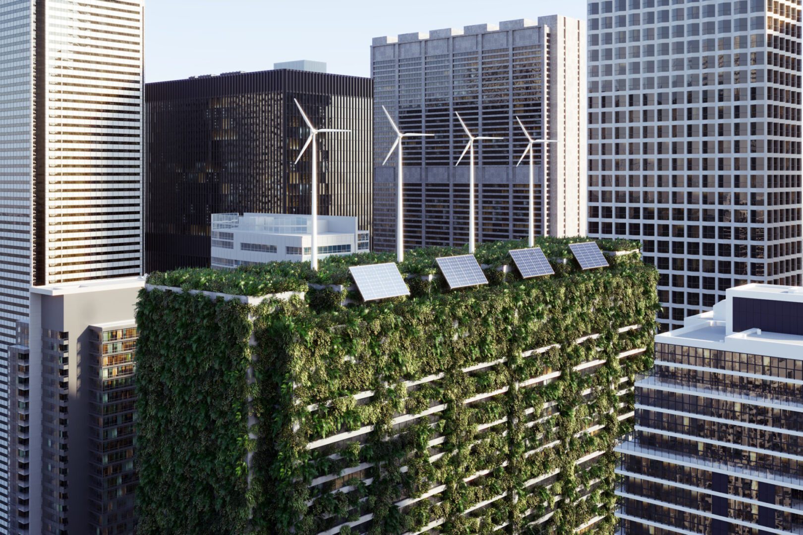 Green rooftop with solar panels and turbines.