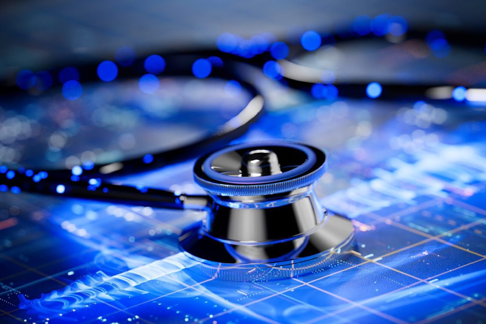 Stethoscope on digital medical interface background.