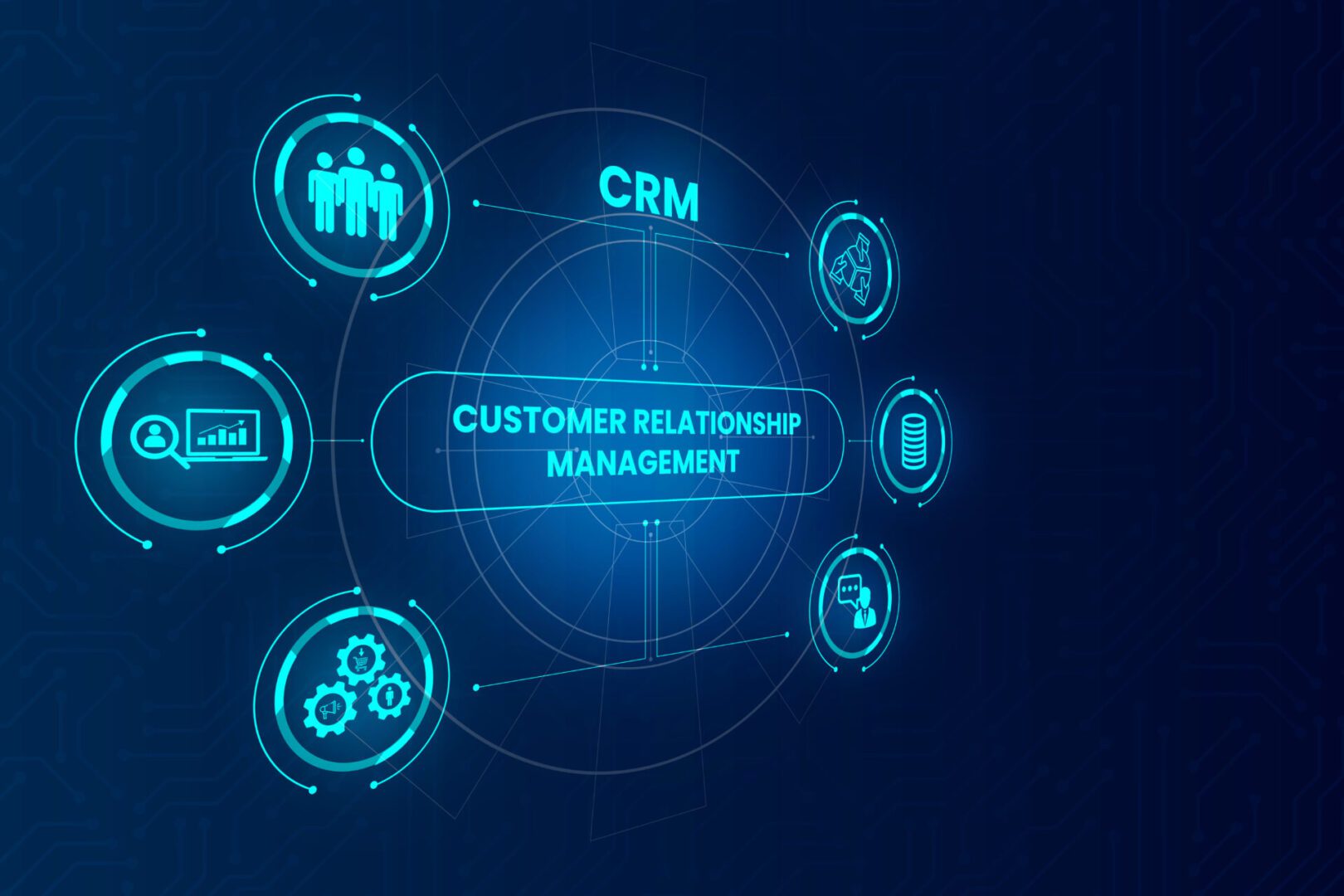 CRM concept with digital icons on blue.