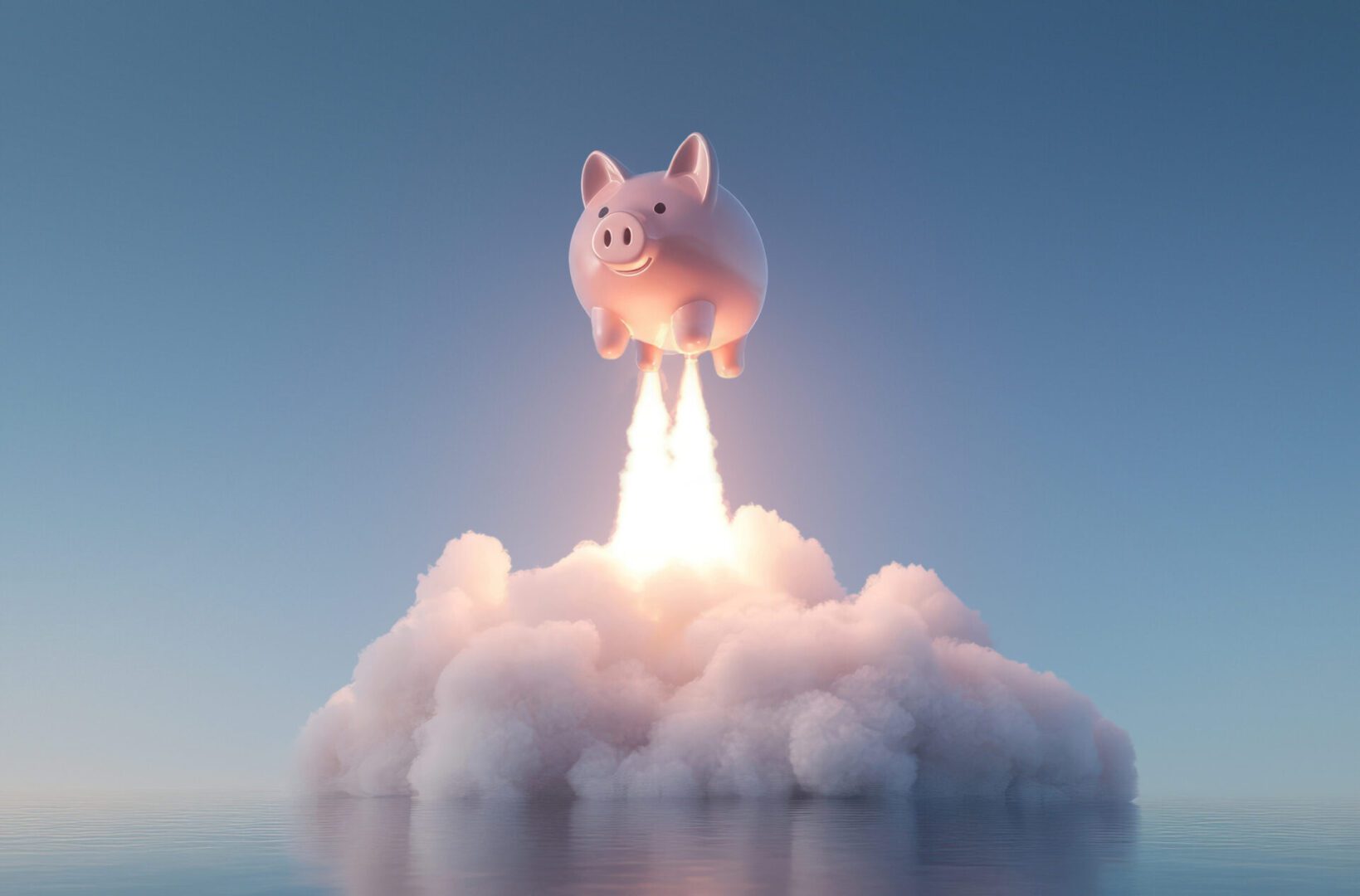 Piggy bank soaring with rocket thrusters.