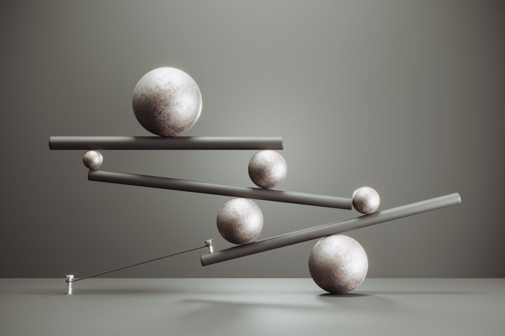 Balancing metallic spheres on rods, minimalist design.